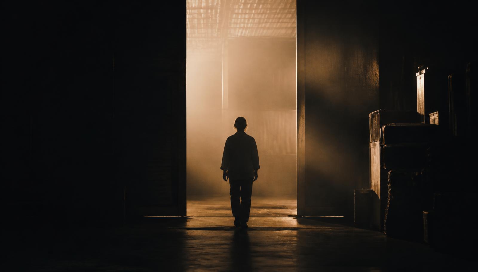Still frame from the Newly Written brand film: a figure walking toward an open doorway of light