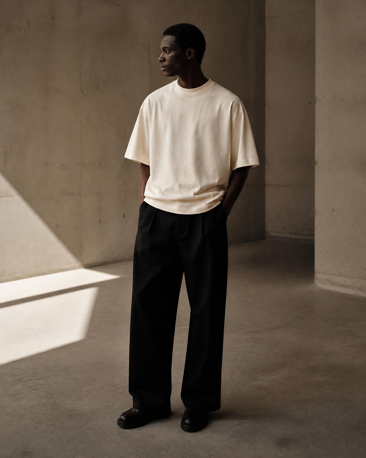 Model wearing an ivory heavyweight tee and black trousers in a concrete gallery space