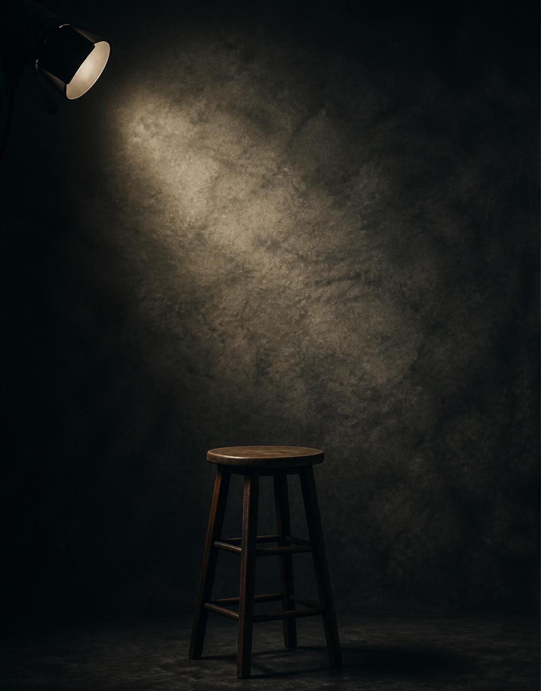 Portrait placeholder: a single lit stool against a dark studio backdrop, awaiting the owner's photograph